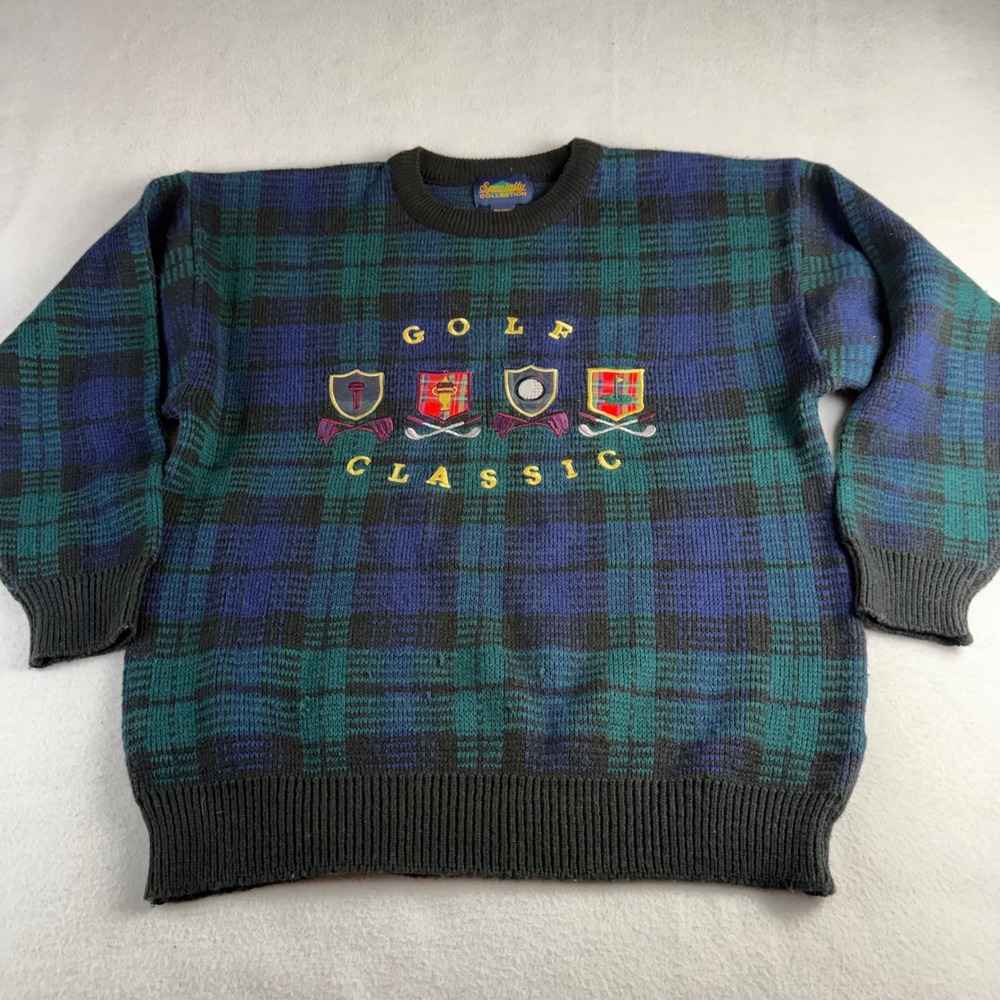 Specialty Collection Men's XL Golf Classic Plaid Wool Blend Crewneck Sweater‎